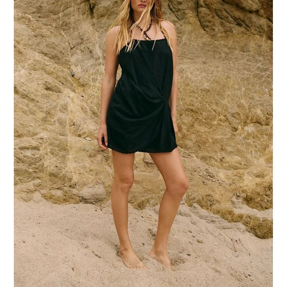 Free People Free Est Sandshell Linen Sunburst Mini Dress Halter Lace M 288780